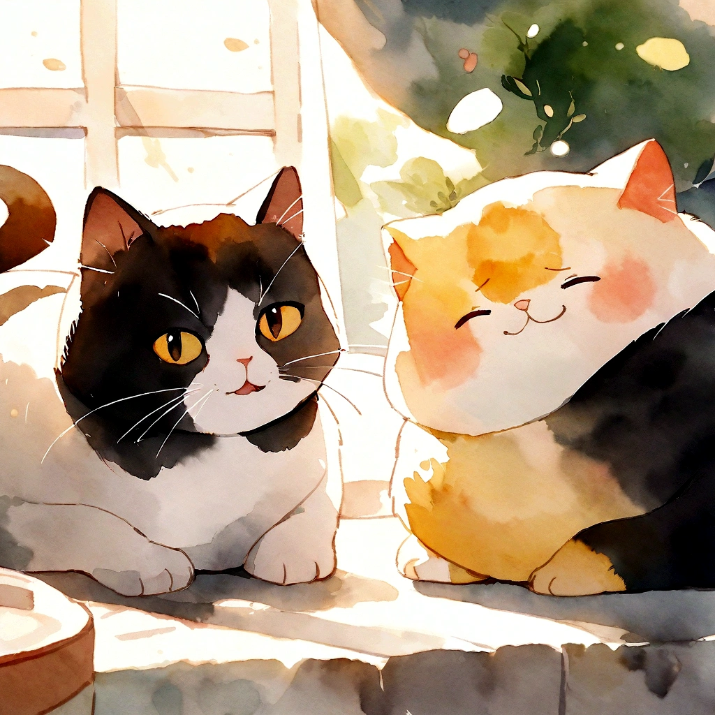 Highest quality、masterpiece、White and black cat、cute cat、Fat Cat、Watercolor