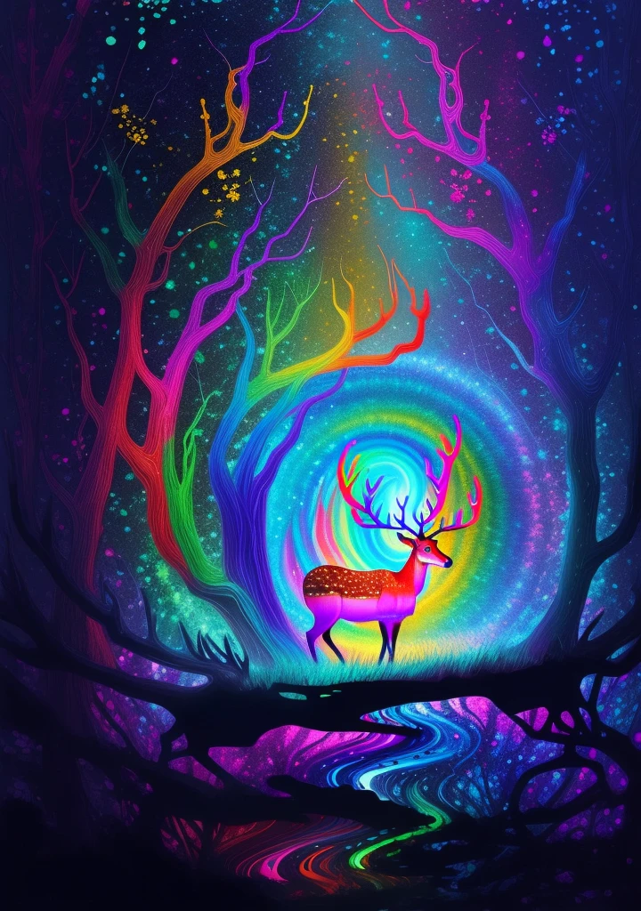 (Psychedelic paintings，A deer standing in front of a colorful swirl), ((Multiple antlers, stag, Big Head)), Vibrant colors, Healthy posture