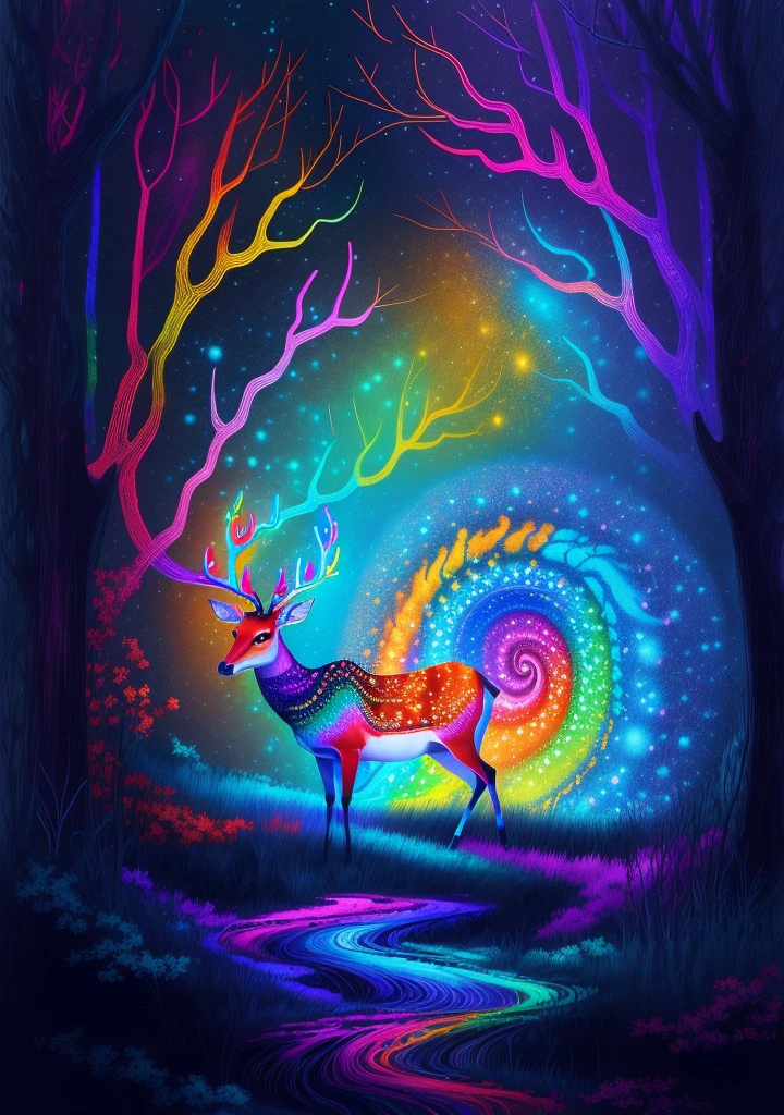 (Psychedelic paintings，A deer standing in front of a colorful swirl), ((Multiple antlers, stag, Big Head)), Vibrant colors, Healthy posture