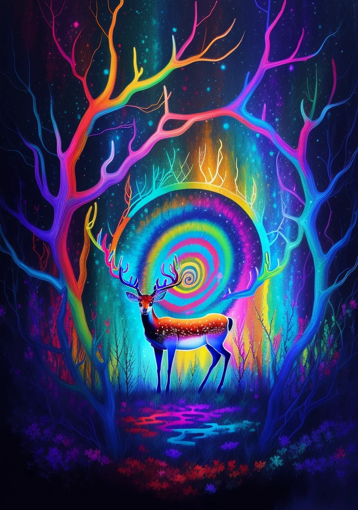 (Psychedelic paintings，A deer standing in front of a colorful swirl), ((Multiple antlers, stag, Big Head)), Vibrant colors, Healthy posture