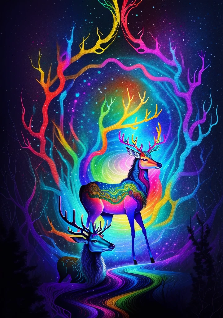 (Psychedelic paintings，A deer standing in front of a colorful swirl), ((Multiple antlers, stag, Big Head)), Vibrant colors, Healthy posture