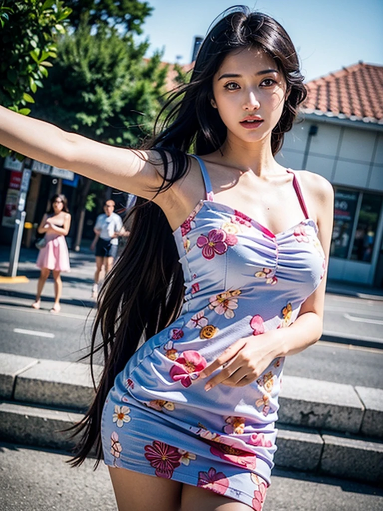 1girl,sexy pose,best quality,masterpiece,illustration,an extremely delicate and beautiful,CG,unity,8k wallpaper,Amazing,finely detail,masterpiece,official art,extremely detailed CG unity 8k wallpaper,incredibly absurdres,huge filesize,ultra-detailed,highres,extremely detailed,beautiful detailed girl,realistic,outdoors,light contrast,(Floral_summer_dress:1.5),dynamicposes, ass focus,look back pose