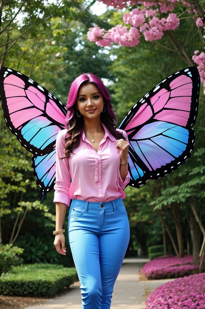 Blue pants and tight pink blouse with butterfly wings
