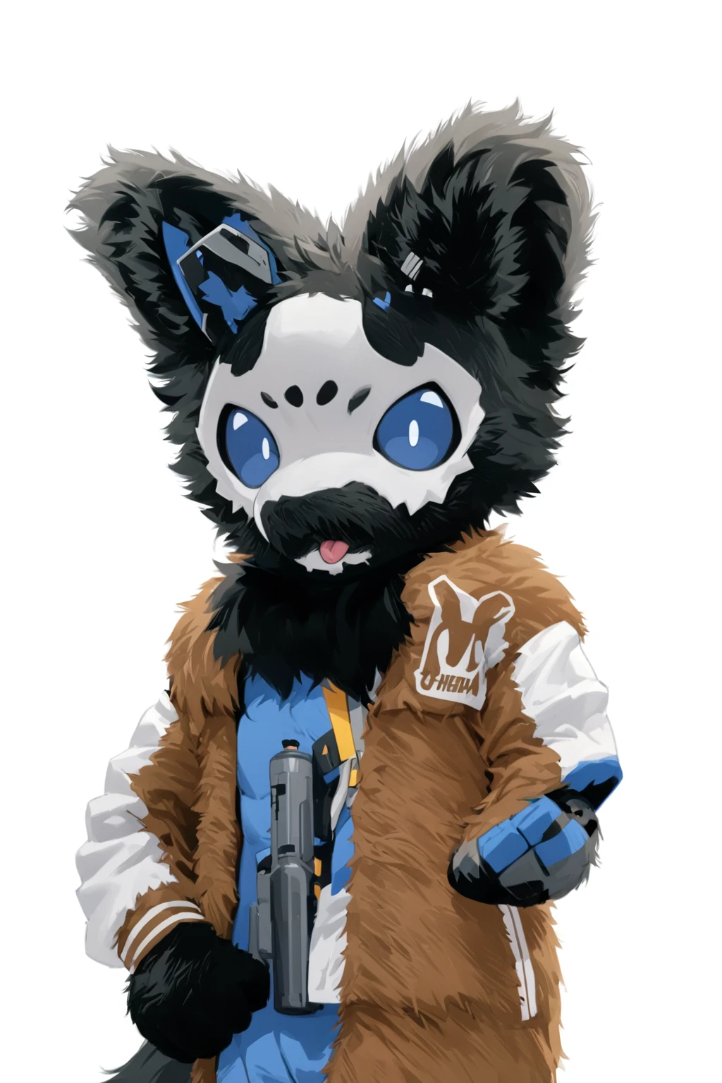 Line Art, black outlines, anime style, Black hair, Dark Skin, White Mask ,furry,make a fist, Pink tongue, Black nose, Black broken corner, fur garment, fur garment!!!!, hairy character, Full body mascot, hyena, SFW, macro hairy, hairy fursona, hairy, the hairy fur garment is running, Anthropomorphic coyote male, An anthropomorphic cyberpunk fox, hairy mawshot, hairy furaffinity, 8K, super detail, uhd, masterpiece, anatomically correct, ccurate, super detail, high details, high quality, best quality, highres, 16K