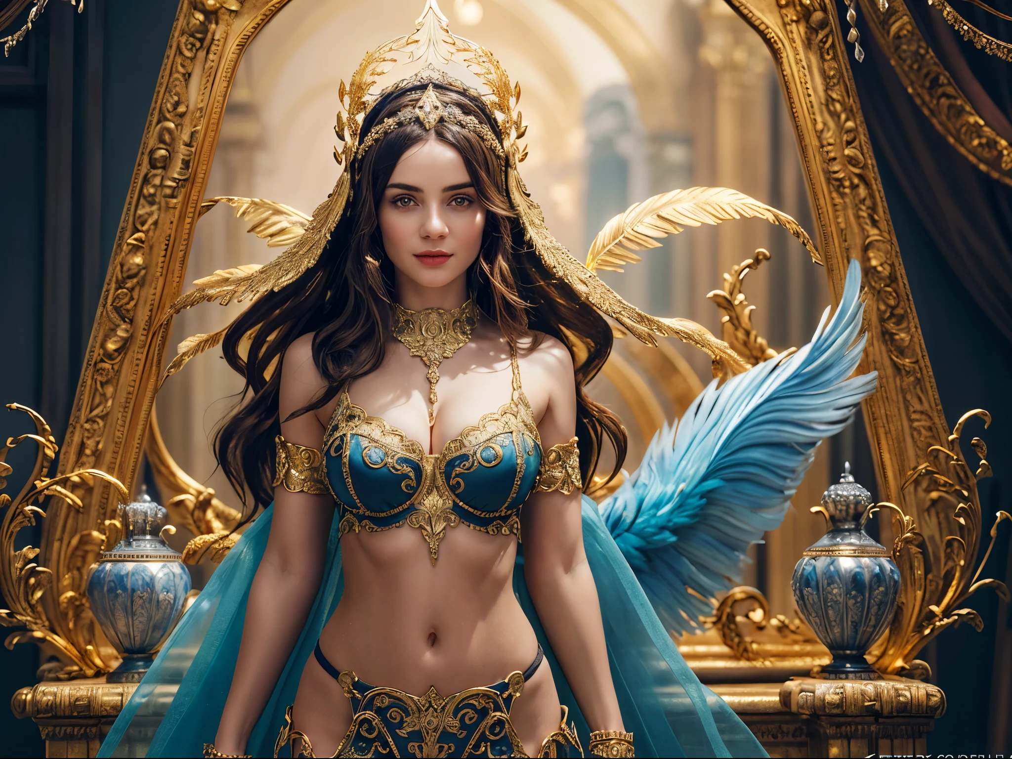 1girl, show upper body, cowboy shot:, wide shot, intricate ornate filigree headpiece, intricate ornate ornamental armlet, (super details:1.2), concept art, crystal, detailed golden feathers, sharp focus, still life macro photography, (best_quality, masterpiece:1.2), (highly detailed), (4k, 8k, uhd, high_resolution, highres), gigantic breasts,