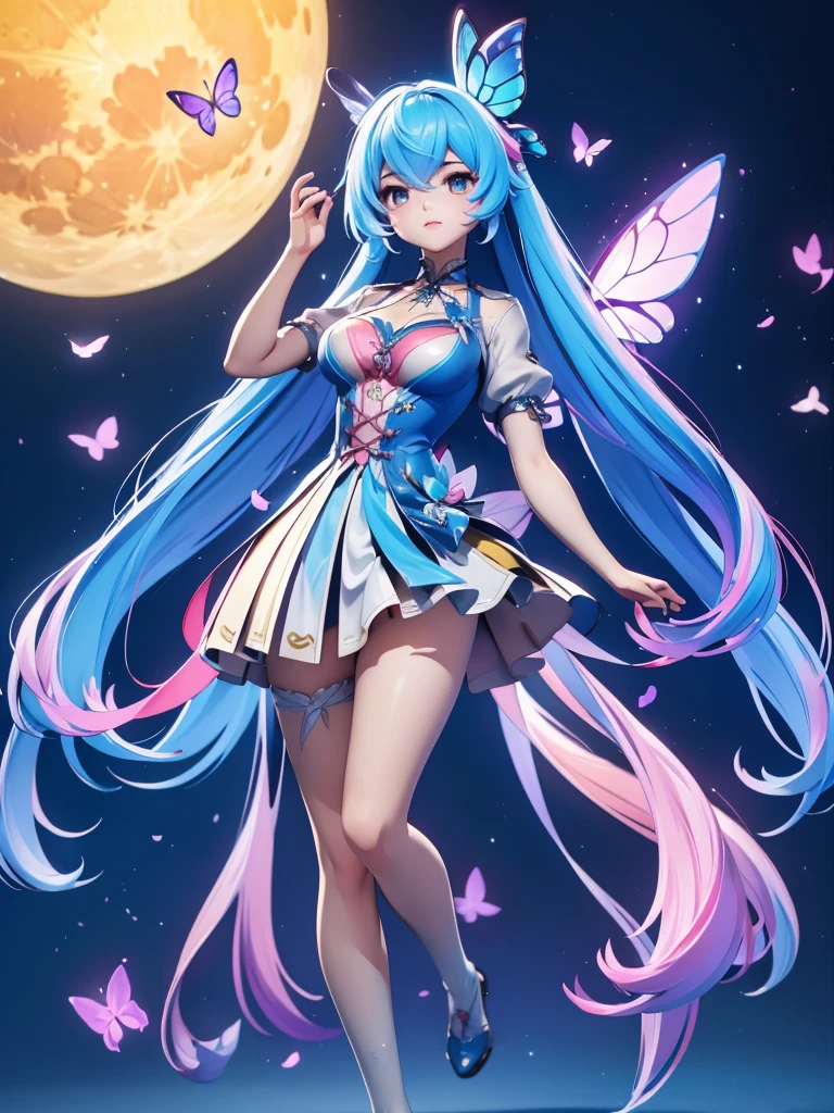 Seizo Watase style, Simple Line Initialism,Abstract art, 3d character, colorful hearts ,(((The most beautiful girl of all time))), (full body 1.2), only girl, long hair, bufferfly and sky background, 20 year old, full body, (((8k))), (((3d)), blue and pink hair, Large butterfly wings on the back, yellow moon