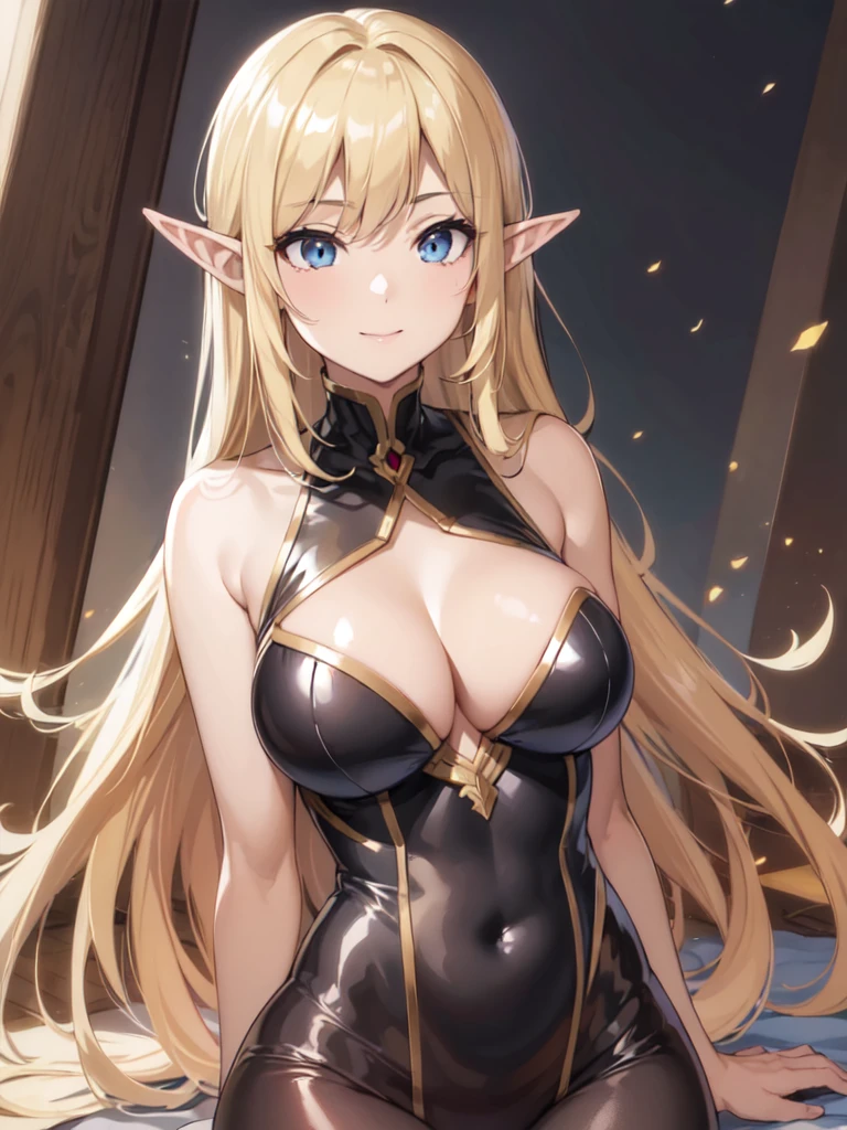 (Upper Body:1.3),(masterpiece:1.4),Medium Shot,anime,masterpiece,gravure, 8K,Realistic, Beautiful woman,An elegant and mature elven woman, Elf Ears,blue eyes, Place your arms behind your head,(美的animeの目:1.4),Large Breasts,blonde, Black bodysuit, smile,Beautiful breasts,(8K resolution:1.4), High quality CG, Beautiful CG, Soft Light,View your audience,(24-years-old),