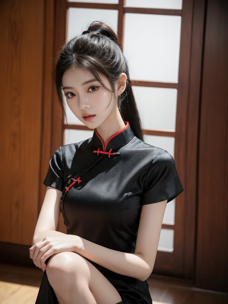 korean model , slim body , 167cm ，Movie Angle，long black ponytails hairstyle, （Cute girl,anatomy correct, long silky chinese qipao with short sleeves，（ art，geomerty），（plethora of colorest quality，high detail，tmasterpiece，Cinematic lighting effects，4K，Chiaroscuro ), chinese home