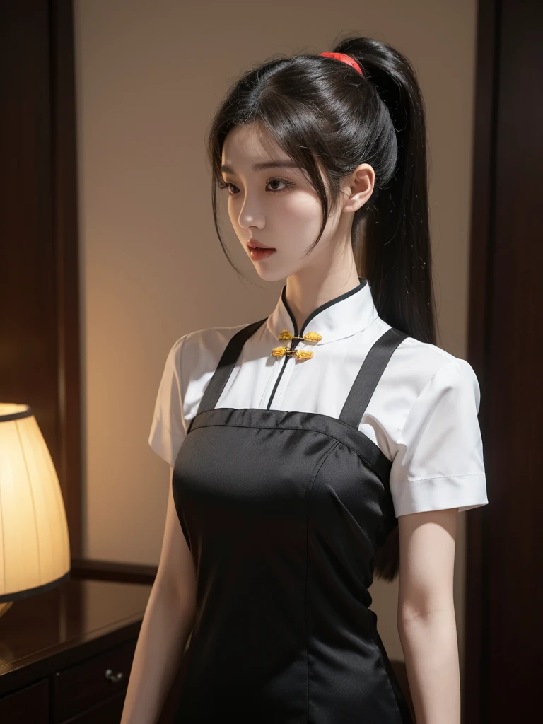 korean model , slim body , 167cm ，Movie Angle，long black ponytails hairstyle, （Cute girl,anatomy correct, long silky chinese qipao with short sleeves，（ art，geomerty），（plethora of colorest quality，high detail，tmasterpiece，Cinematic lighting effects，4K，Chiaroscuro ), chinese home