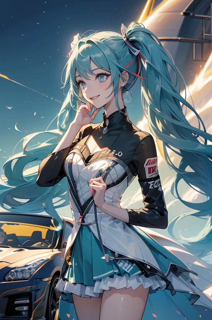 ((Racing Car))(((Nissan GT-R)))、Highest quality, masterpiece, Ultra-high resolution, (Realistic:1.2)1woman(((Race Queen)))、(Highest quality)、((Smiling with teeth showing))、sunlight、Hot summer day、、((circuit))、hatsune miku、((Shiny, Colorful and flashy leotards))、High Leg、Brown Skin、smile、Sunburn、 tattoo、((Light blue hair))、Long twin tails、((Jump energetically))((Highest quality)).4K