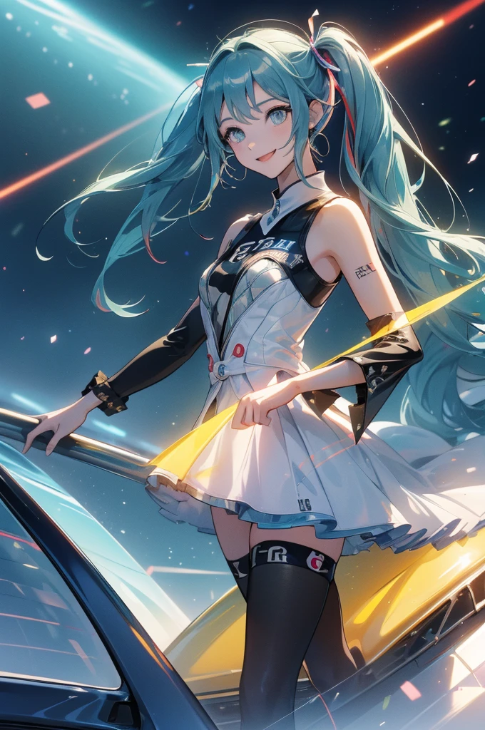((Racing Car))(((Nissan GT-R)))、Highest quality, masterpiece, Ultra-high resolution, (Realistic:1.2)1woman(((Race Queen)))、(Highest quality)、((Smiling with teeth showing))、sunlight、Hot summer day、、((circuit))、hatsune miku、((Shiny, Colorful and flashy leotards))、High Leg、Brown Skin、smile、Sunburn、 tattoo、((Light blue hair))、Long twin tails、((Jump energetically))((Highest quality)).4K