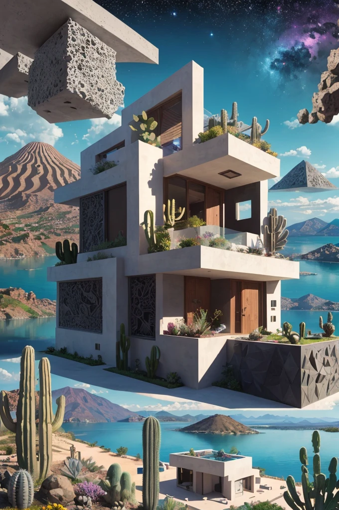 An illustration, collage style, David Hockney visual style, (((Luis Barragán's architectural style houses in middle of a lake))), big boulders, little cascade, mountains, volcanos, volcanic landscape, pool, stairs, beautiful gardens, abundant vegetation, cacti, agave, big clouds, sunset. Magazine cover, serif tipography, editorial design, masterpiece, An illustration in collage style, con rocas gigantes, Brutalist construction sections, escaleras, cactus, agave, textura de concreto, Multiple geometric shapes, hatch and cross hatching, planeta Saturno. ((masterpiece, best quality)),illustration,ultra detailed 8k. (((An illustration of a build designed by Luis Barragán))), with a desertic vegetation garden, (big rocks), ((cacti)), lake, volcano in horizon, smooth clouds, (((illustration collage format))), ((Escher's art style)), (((multiple sections))), (violet, blue, olive green, grey, black and white), hard shadows, (((geometric sculptures))), concrete sculptures, high contrast, dramatic, cinematographic, ((milky way galaxy)), intricate, intricate details, sharp focus,landscape