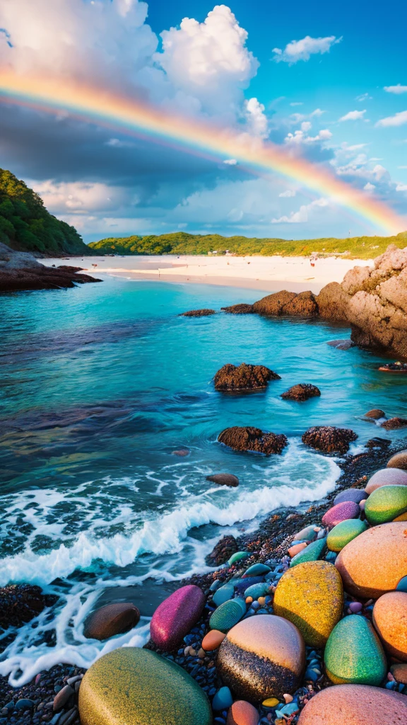there is a rainbow in the sky over a beach with rocks and pebbles, an illustration of by Igor Grabar, trending on shutterstock, fine art, seashore, magical beach, sunny rainbow galaxy stormy sea, colorful hd picure, near the seashore, rainbow reflections, just one rainbow 8 k, beach landscape, still of rainbow ophanim, calm vivid colors