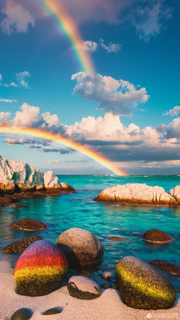 there is a rainbow in the sky over a beach with rocks and pebbles, an illustration of by Igor Grabar, trending on shutterstock, fine art, seashore, magical beach, sunny rainbow galaxy stormy sea, colorful hd picure, near the seashore, rainbow reflections, just one rainbow 8 k, beach landscape, still of rainbow ophanim, calm vivid colors