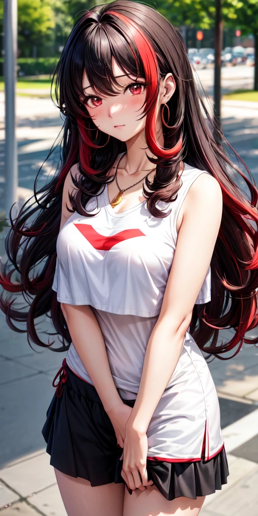anime panel,upper body, 1girl,solo Korean, black curly hair with red highlights, red slanted eyes, casual clothes, ear piercing, necklace, hair illuminated by sunlight, park background, expression of shame, blushing
