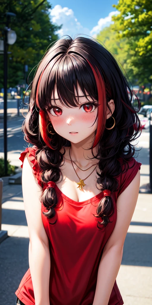 anime panel,upper body, 1girl,solo Korean, black curly hair with red highlights, red slanted eyes, casual clothes, ear piercing, necklace, hair illuminated by sunlight, park background, expression of shame, blushing 