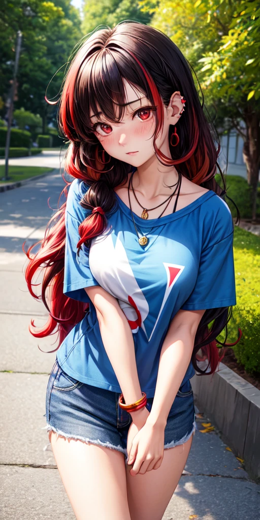 anime panel,upper body, 1girl,solo Korean, black curly hair with red highlights, red slanted eyes, casual clothes, ear piercing, necklace, hair illuminated by sunlight, park background, expression of shame, blushing
