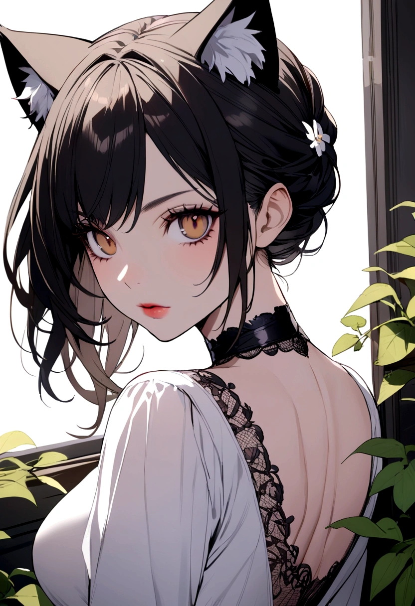 Beautiful cat woman with black hair brown eyes white tees catwoman type