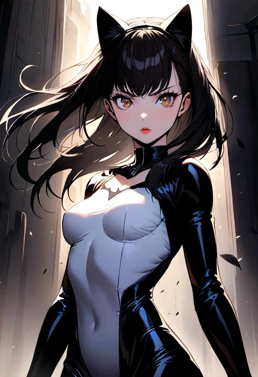 Beautiful cat woman with black hair brown eyes white tees catwoman type