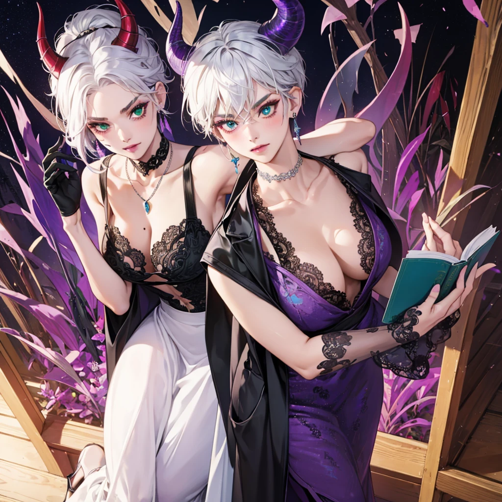 8k, masterpiece, best quality, highly detailed, 1 girl, tiefling, warlock, multicolored hair, very short straight hair green highlight hair on white hair, strippled hair, wearing glasses, round glasses, earrings, long dress with side cut, lace dress, red eyeshadow, long eyelashes,navel piercing, blushed cheek, necklace, collarbone, high heels, mole, glamorous, purple and teal clothing, villainy, smirk, seductive face, close up view, rings, looking at viewer, standing, demon horns, solo, hand touching cheek, school, black lace gloves, holding book, sensei, miniskirt.