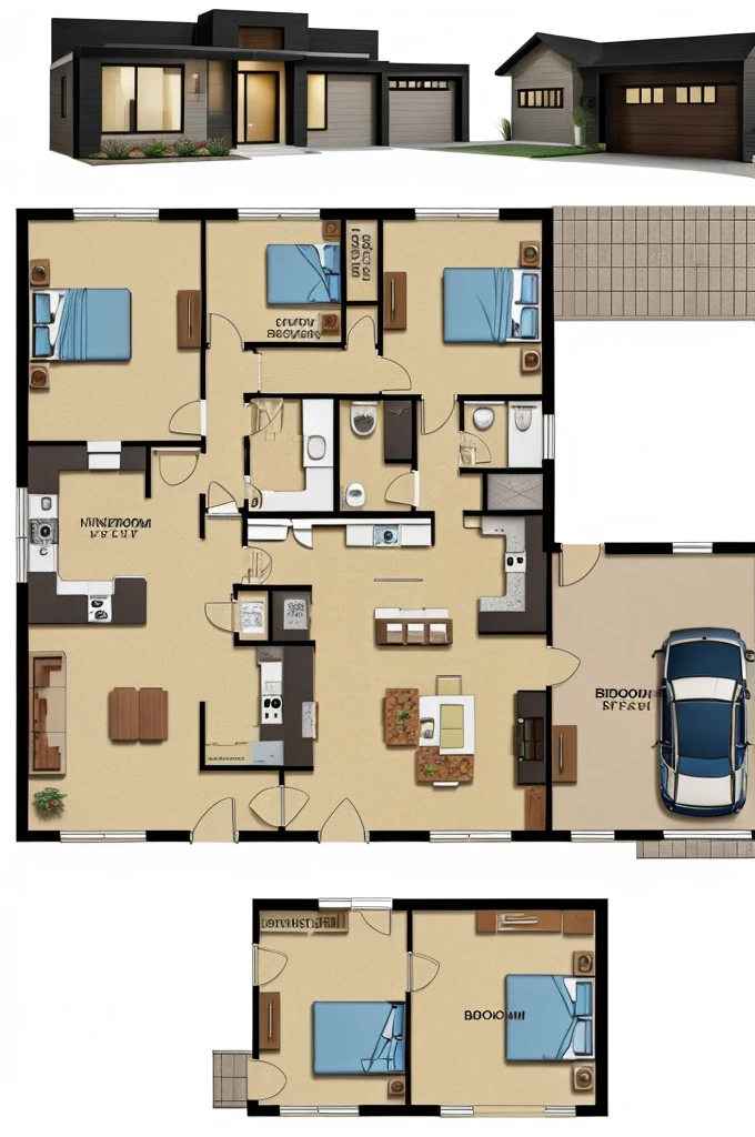 4 bedroom house, 2 bathrooms, living room, kitchen, garage and kicked