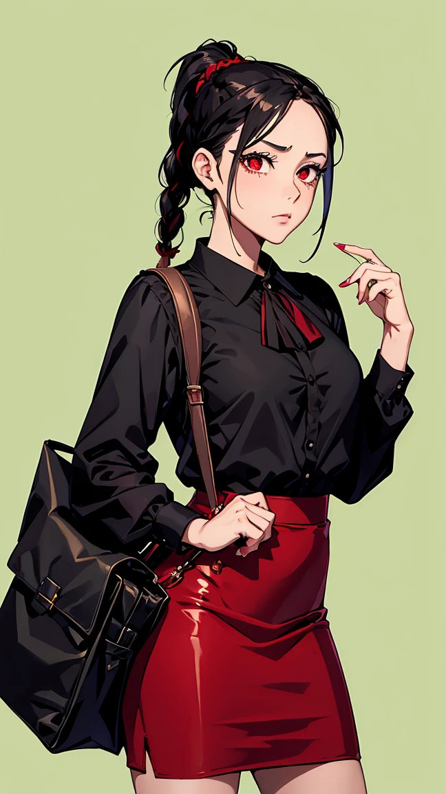 Girl1,alone,cowboy shot,triangle face,red eyes,black hair,braided ponytail hairstyle,(blouse,Pencil skirt,bag,cry),highly detailed,HD,green background