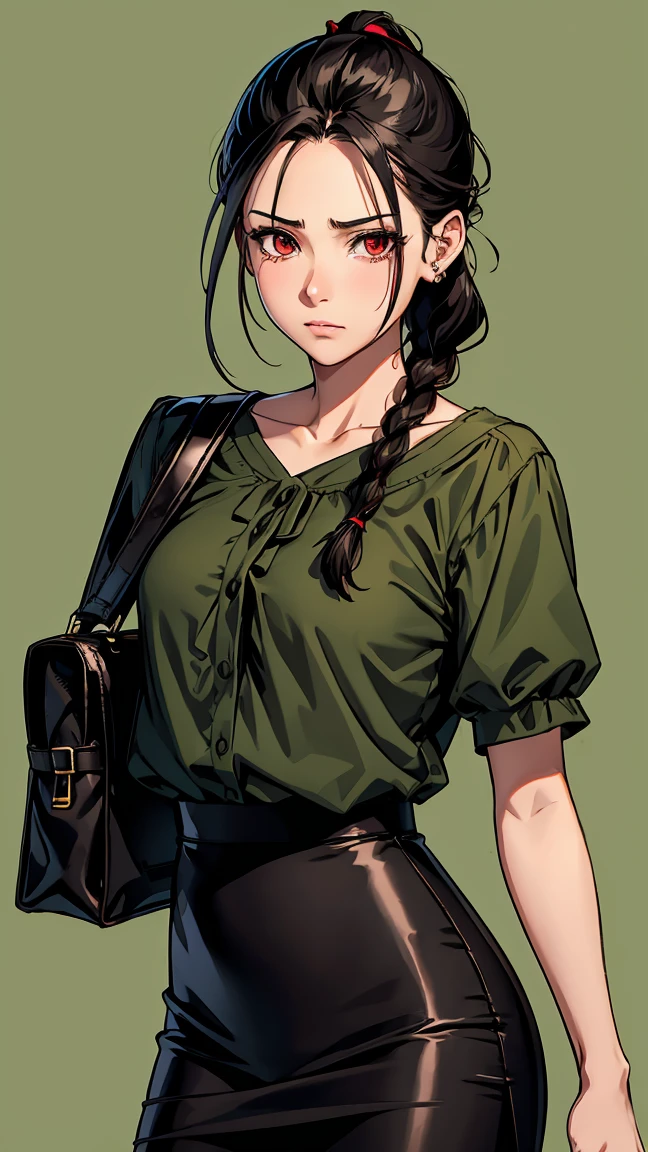 Girl1,alone,cowboy shot,triangle face,red eyes,black hair,braided ponytail hairstyle,(blouse,Pencil skirt,bag,cry),highly detailed,HD,green background
