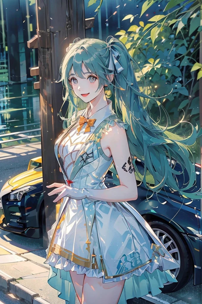 ((Racing Car))(((Nissan GT-R)))、Highest quality, masterpiece, Ultra-high resolution, (Realistic:1.2)1woman(((Race Queen)))、(Highest quality)、((Smiling with teeth showing))、sunlight、Hot summer day、、((circuit))、hatsune miku、((Shiny, Colorful and flashy leotards))、High Leg、Brown Skin、smile、Sunburn、 tattoo、((Light blue hair))、Long twin tails、((Jump energetically))((Highest quality)).4K