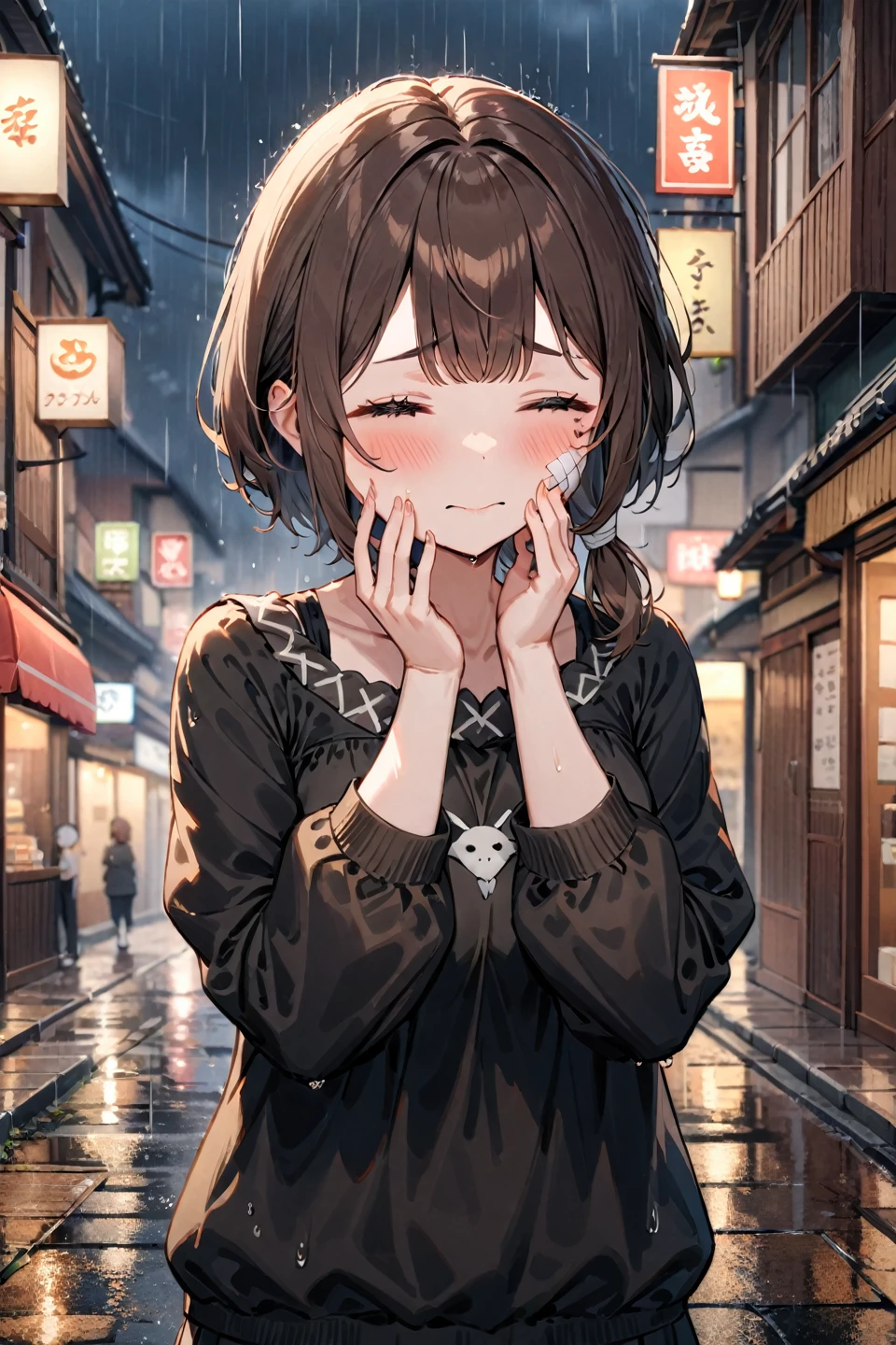 1 girl, miccon shikimori, from shikimori not just a cutie, center, slightly sad expression, wearing a black sweatshirt, with a small bandage on her cheek, long brown hair tied in a low ponytail, with a few loose strands framing her face, standing in a rainy street, with the rain blurring the background details, masterpiece, best quality, very aesthetic, absurdres --style 1 --preset 3, ((medium quality)), ((medium quality))