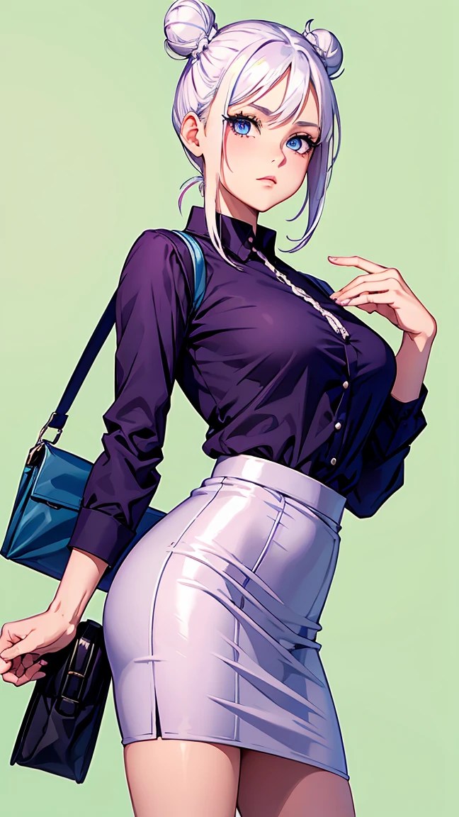 Girl1,alone,cowboy shot,round face,blue eyes,white hair,double bun hairstyle,purple blouse,Pencil skirt,bag),highly detailed,HD,green background