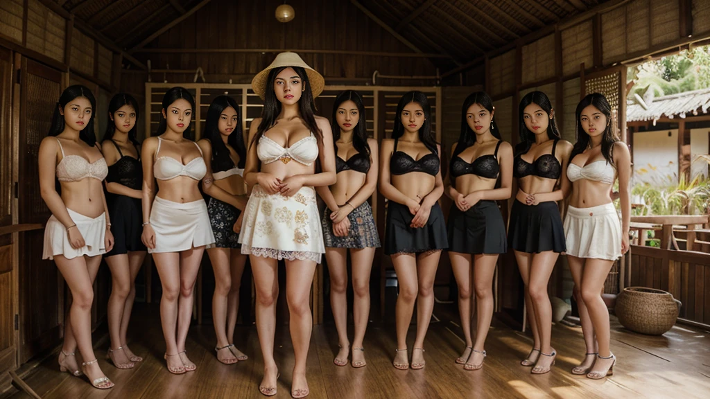 8k, best quality, masterpiece:1.2), (realistic, photo-realistic:1.37), ultra-detailed,((( 5 girl))), A photograph of a man with a shocked facial expression standing in the centre, surrounded by seven young Vietnam women, (in sexy lace bra and mini skirt) The women have long, straight hair and fair skin with farmer's hat, some of them placing their hands on his shoulders or body. The background is vietnamese village hut with rural vietnam, creating a cozy yet vibrant atmosphere. high-resolution camera, low-light photography, natural lighting, slight shadows ,(((very huge round breasts))), (((full body shot))), (((best quality))), (((masterpiece))),