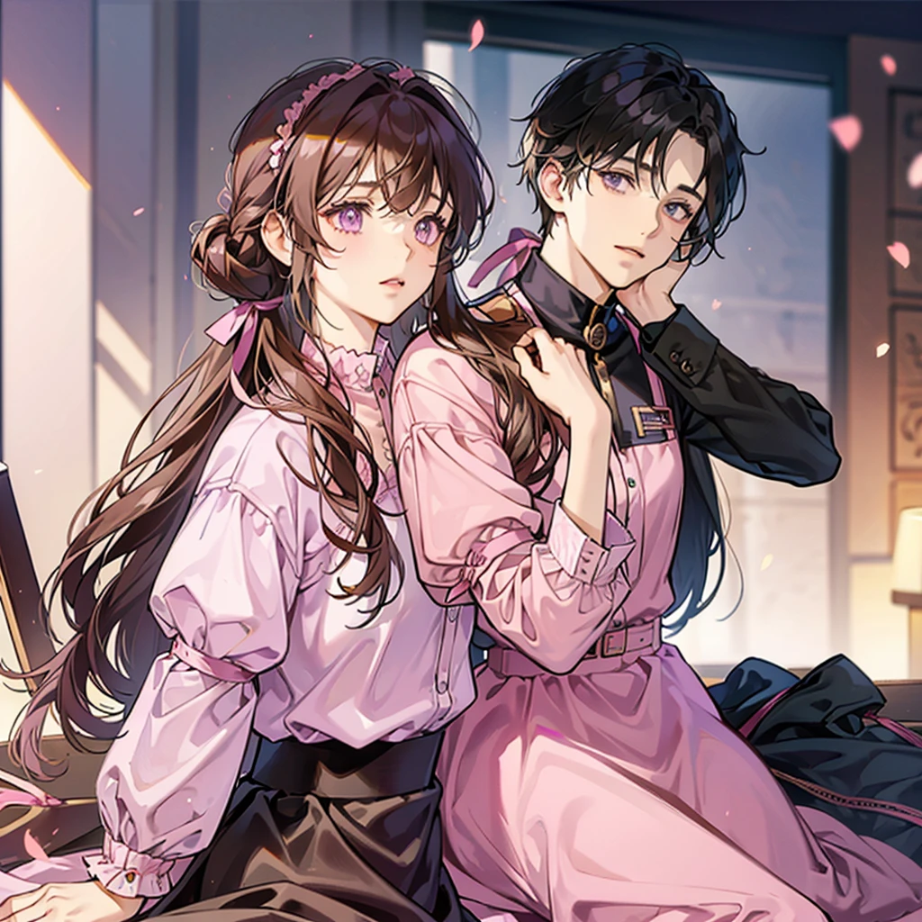 Girl with long brown hair tied at the back with pink and purple ribbons, wearing a pink shirt with a collar and long sleeves. Wearing loose shorts with his right hand wearing a black glove She is cute