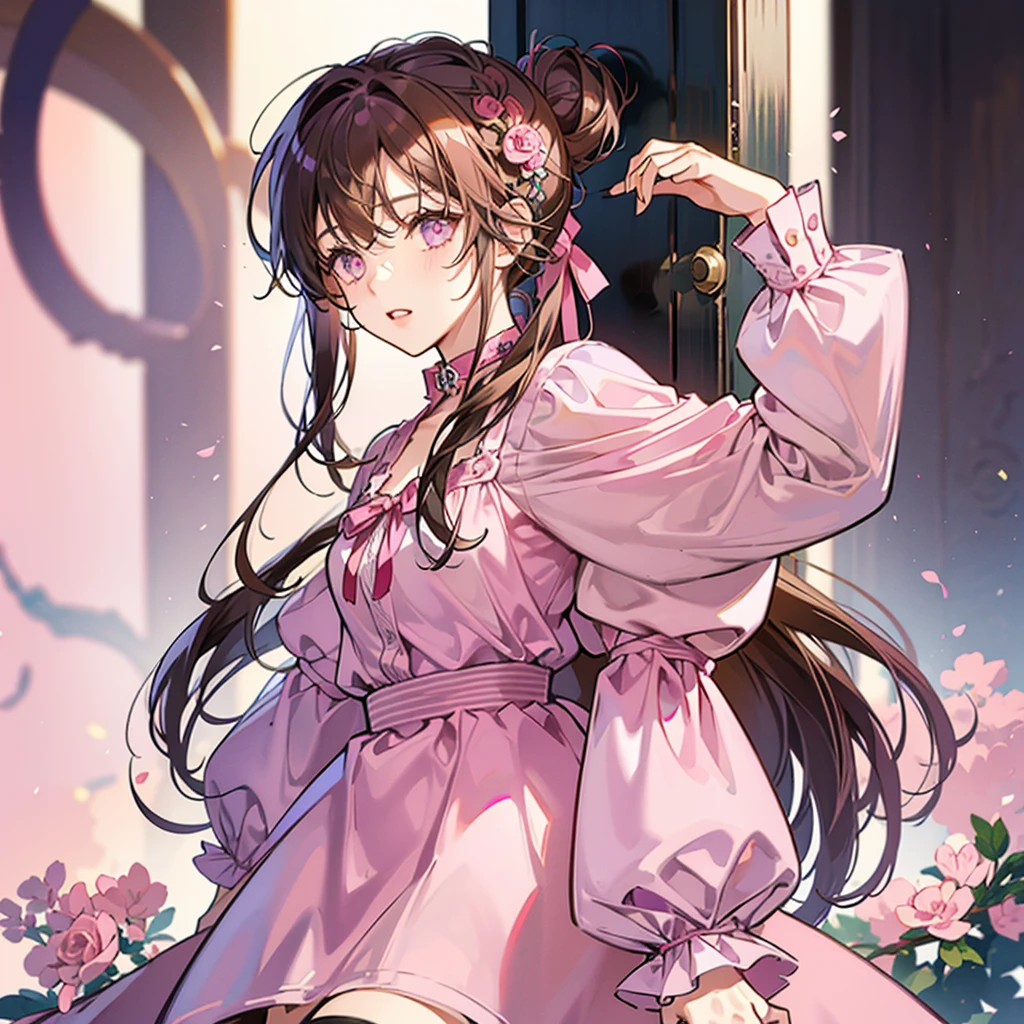 Girl with long brown hair tied at the back with pink and purple ribbons, wearing a pink shirt with a collar and long sleeves. Wearing loose shorts with his right hand wearing a black glove She is cute