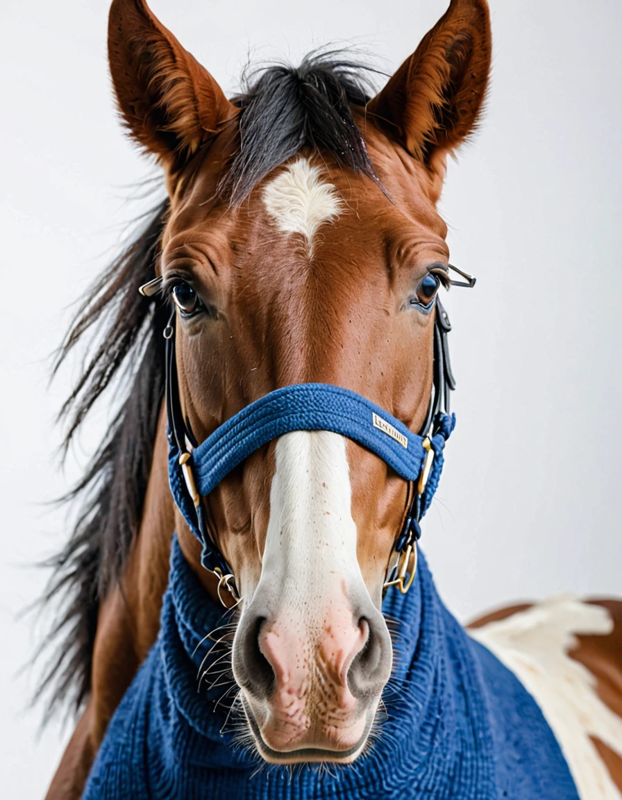 pure white background, white id photo, closeup, photo of 20 y.o horse in blue clothes, serious horse face, glasses