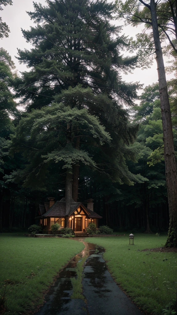 forest, big tree, fantasy century house, hanging house, night, wet road, grass, dark forest, quiet