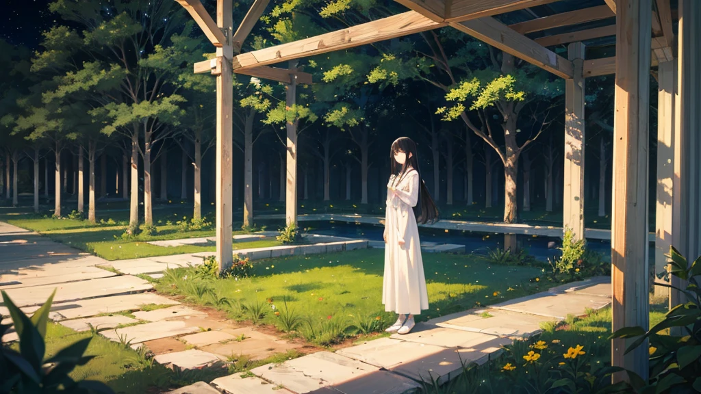 sea of trees at night、Woman standing alone、White clothes、Black Hair