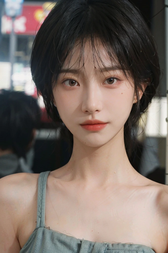 1 girl，short hair,A faint smile,serene, calm,model，Moles under the eyes,Exquisite eyes, Delicate face,Lipstick,earrings,Hair details, (Large Breasts:1.0),outdoor,background,城市background，(Skin details:1.4),(Realistic and detailed eyes：1.2）, Natural skin texture, Realistic facial details,Close-up of face,Portrait Photography,(Portrait Photography:1.1), (smooth skin textures:1.3), (Highest quality real skin textures:1.4), Direct vision,Soft dramatic lighting, Vivid details, 35 mm film, (Photo Practical:1.4), (hyper Practical:1.4), (Practical:1.3), (Smoother lighting:1.05), (Improve lighting quality:0.9), (Enhance the beauty of skin texture:1.1), Depth of Field, Bokeh, Surrealism, Ray Tracing, ( Surrealism, High Detail, Chiaroscuro, Ray Tracing, reflected light, Ultra HD, Ultra HD, masterpiece, Textured Skin, Super Detail, High Detail, high quality, best quality
