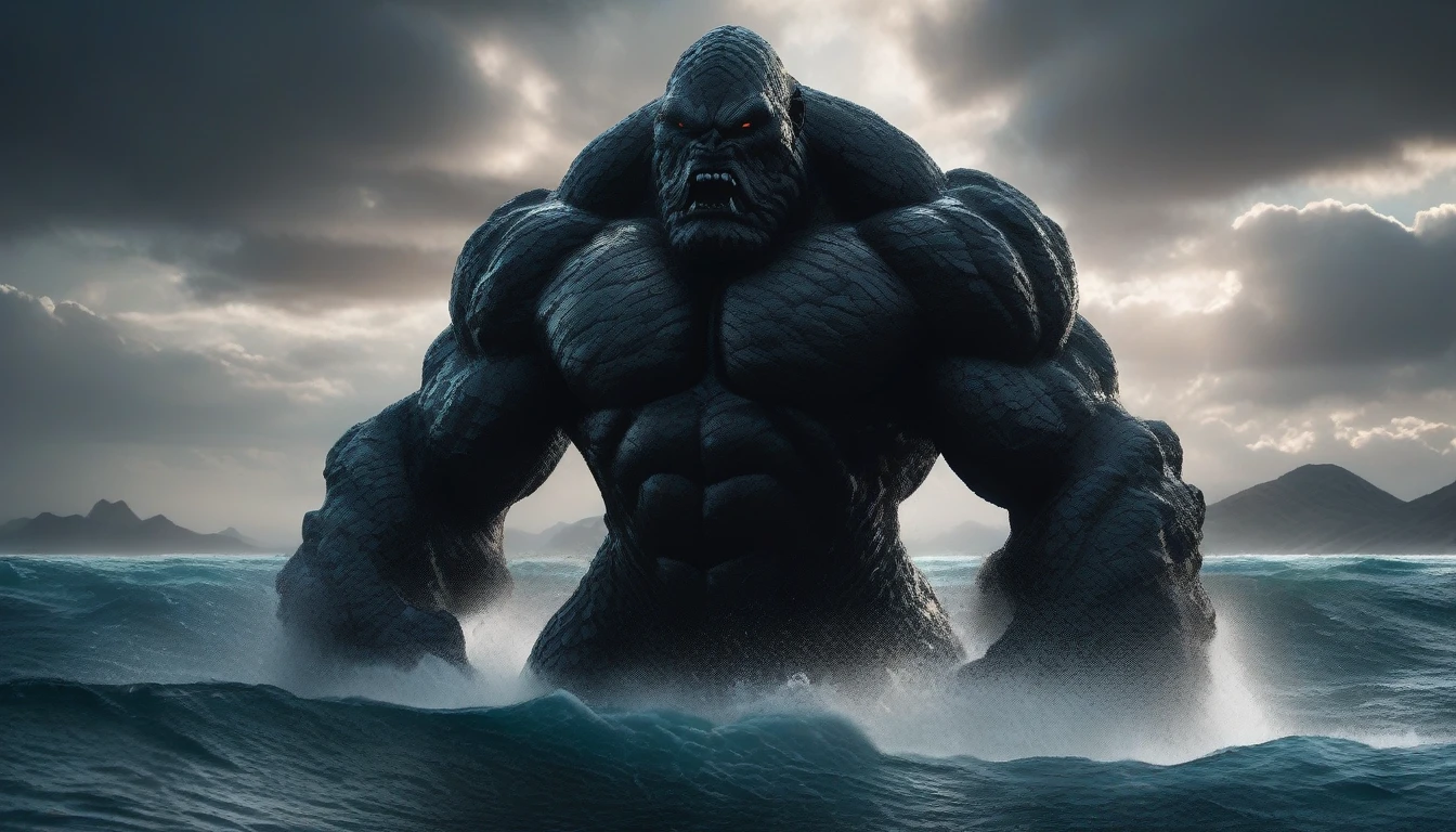 ((photorealism hyperrealism photorealism)) photorealistic and cinematic image of photorealistic black sky, raining heavily and a 10 Km tall giant black golem walking through the sea between islands and tiny mountains near it! He is an Elemental being formed from clouds forming a humanoid shape and merging in the middle of the clouds, dark storm clouds, rain, storm, in the style of realistic and hyper-detailed renders, 8k, detailed eyes, perfect eyes, epic, dramatic , fantastic, full body, intricate design and details, dramatic lighting, hyperrealism, photorealistic, cinematic, 8k, 12k, detailed face, dramatic photo, epic photo, cinematic photo + photo taken by Canon+ Incredibly detailed, sharp details in 8HQ, neoprene, Behance contest winner, ultra sharp focus, complex art masterpiece, sinister, epic, TanvirTamim, Trending on Artstation by Artgerm, H. R. Giger and Beksinski, Highly detailed, vibrant, intricate design and details, dramatic lighting, hyperrealism, photorealistic, cinematic, 8k, 12k, detailed face, dramatic photo, epic photo, cinematic photo + photo taken by canon + incredibly detailed and sharp details in 8HQ, neoprene, behance contest winner, ultra sharp focus, masterpiece of complex art, sinister , epic, TanvirTamim, trends on artstation, by artgerm, h. Cinematic photo R, photo taken by Canon, incredible and sharp details HQ, 8k, movie scene! contrast (deep focus) (f_stop 2.8), (focal length 35.0) f/2.8, 35mm focal length photography of (top view: 1.42). analog photo, silhouette, highlight, warm colors, candid Cinema RAW, 16mm, Portra 400 film with graded colors, remarkable, ultra-realistic colors. capture in (Fujifilm