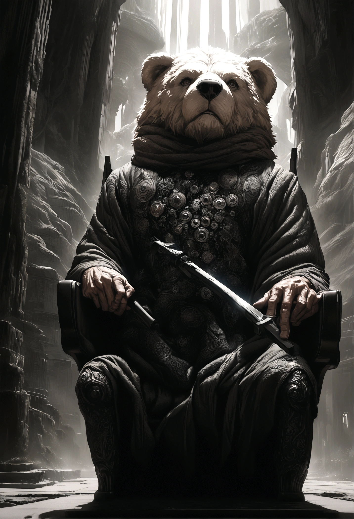 a rugged older Viking man with brown hair, a futuristic Utopia setting, sitting in a chair wrapped in a bear pelt, sharpening a high-tech axe, hyperrealistic, cinematic lighting, dramatic composition, detailed facial features, intricate textures, muted color palette, digital art
