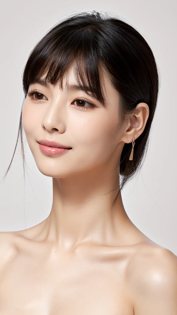 (masterpiece, Highest quality, High resolution)), 1 female, (Realistic: 1.4), alone, White Background, Mouth closed, Smile, Beautiful black hair, Short Bob, Slit eyes, Transparent double eyelids, eyelash, Listen carefully, Absolute area, ((Face close-up)), (Draw the whole head, shoulder), 50 years old, Attractive proportions, Shiny skin, Beautiful collarbone, A face of golden proportions, Perfect Face, Teardrop-shaped moles, Mole on chest, bangs, clean bangs, beautiful bangs, Lip gloss, Thin lips, Pale skin, naked, Small face, All the heads are painted, shoulder all drawn, Look slightly up and into the camera,Wearing earrings