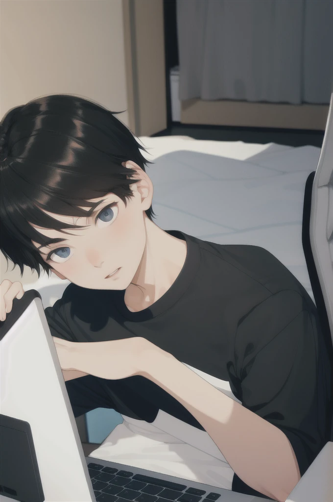 A boy in university shirt, short black hair, playing computer game in his room