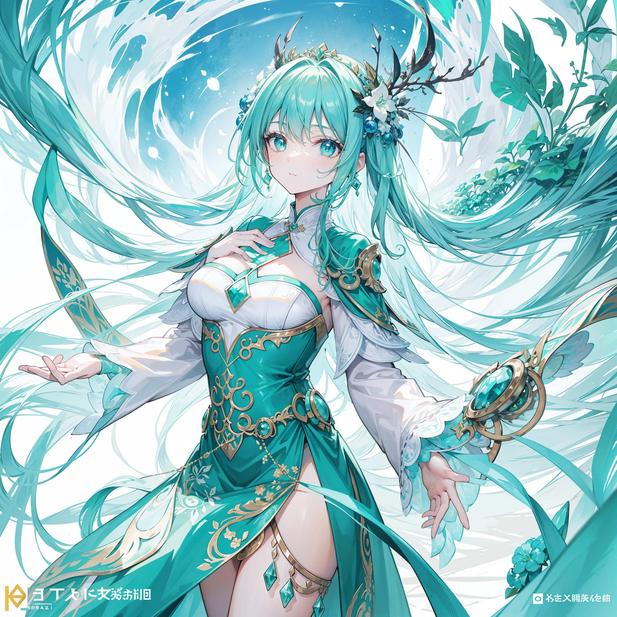 Title "Continent of Douluo" with several green soul rings.,This is a beautiful sister,Color scheme turquoise-emerald-white,Known as the Plant Fairy