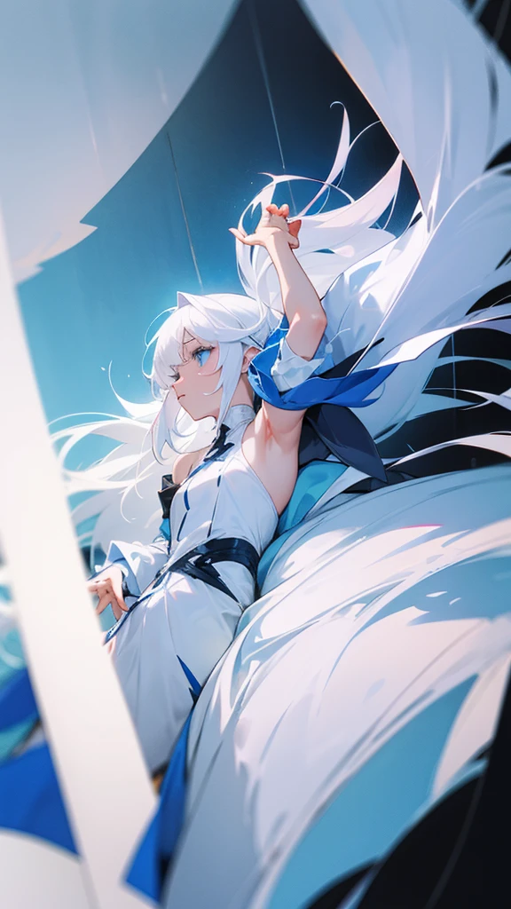 Cute girl, long white hair, Wear clothes with cuts out on shoulders, the clothes colour is white, Blue eyes, she on the bedroom,