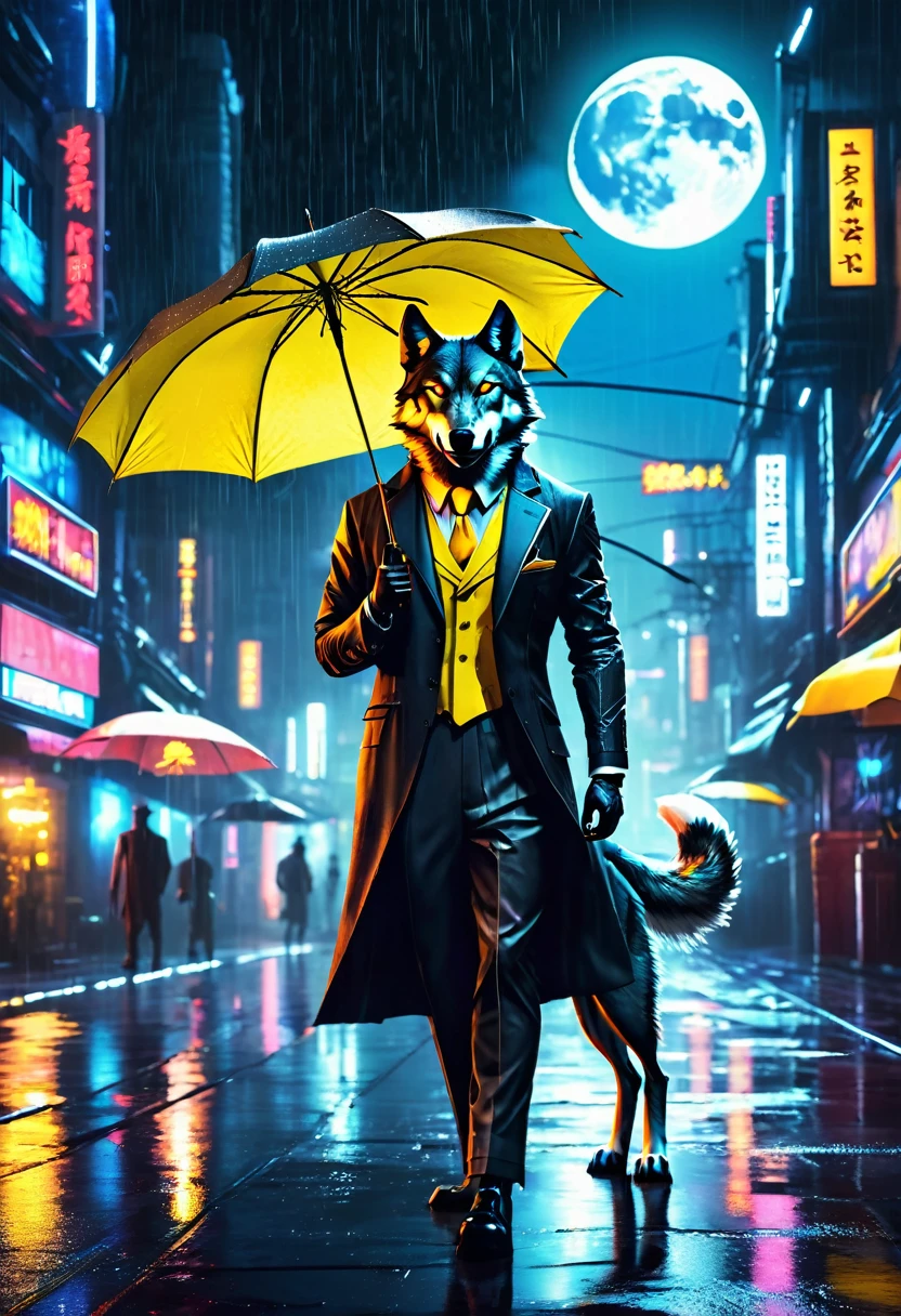 a picture of anthomprh wolf holding an umbrella in cyberpunk street at the rain at night, an epic anthomorph wolf with dynamoc color fur, red glowing eyes, howling to the moon at night, he wears an elegant suit and tie, dark pants, dynamic elegant pants, he is (holding a yellow umbrella: 1.3) , in a dark cyberpunk street at night there is a full moon, it is raining, (highest quality:1.2, Very detailed, up to date, Vibrant, Ultra-high resolution, High Contrast, masterpiece:1.2, highest quality, Best aesthetics), best details, best quality, highres, dynamic angle, 16k, [ultra detailed], masterpiece, best quality, (extremely detailed: 1.5), 