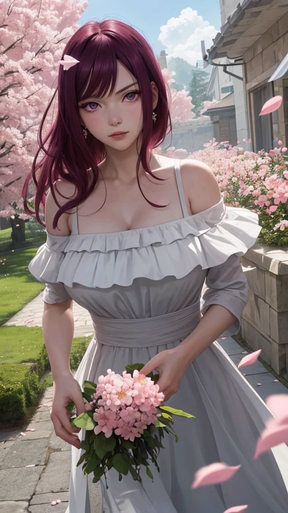 masterpiece, absurdres, hinata\(boruto\), 1girl, solo,mature female, off shoulder floral dress, looking at viewer, (falling petals), perfect composition, detailed lips, big breast, beautiful face, body propotion, blush, (pink lips), long hair, purple eyes, soft gaze, super realistic, detailed, photoshoot, realistic face and body, sexual expression, seductive expression,((big tits))