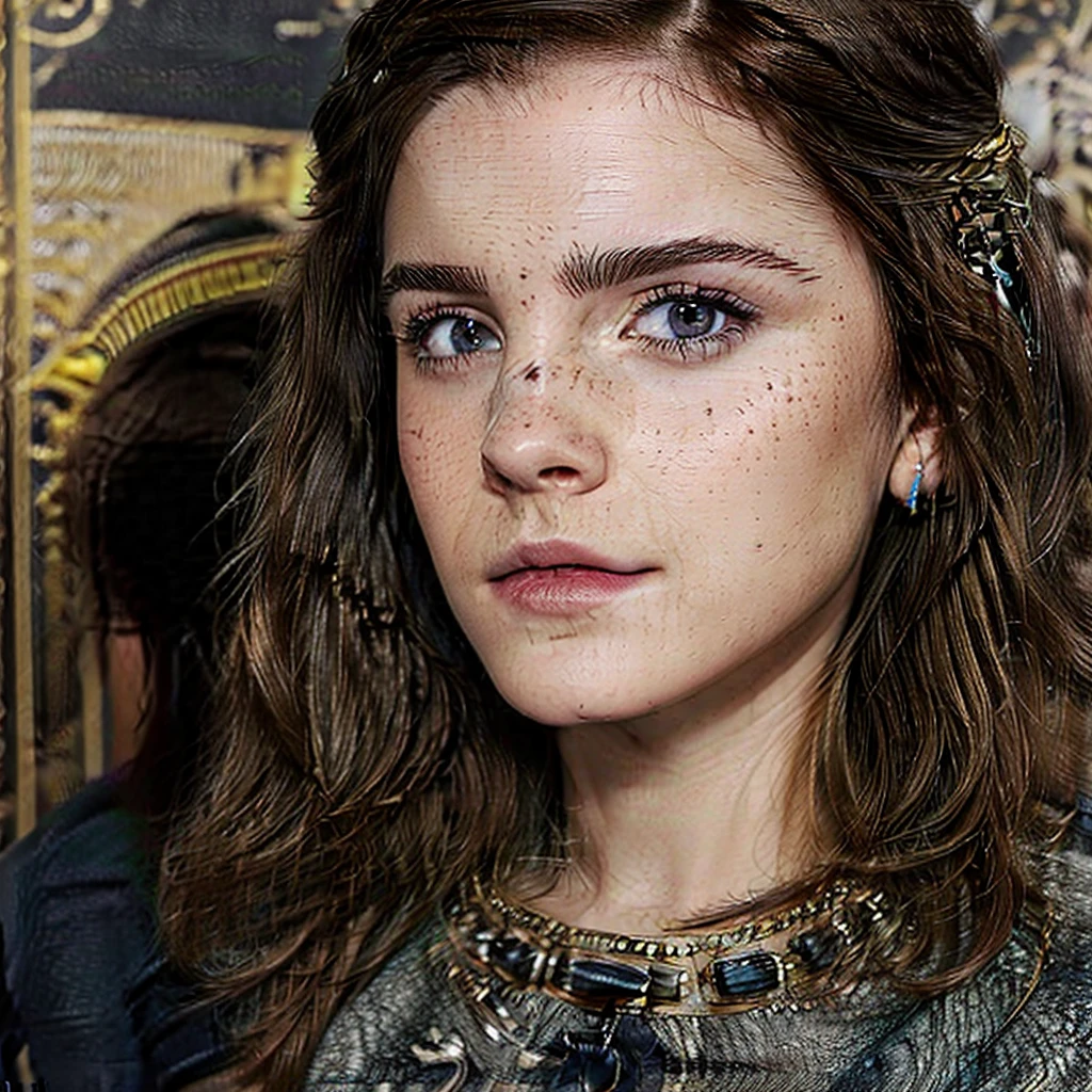 Emma Watson actriz and kpop idol more realism in hair and clothing. “Create an image of Emma Watson as a pre-Hispanic goddess in the Teotihuacán Ruins, with a feather headdress and a hand-woven dress." “Imagine Emma Watson transformed into a Mayan goddess, with an ancient temple in the background and a feathered serpent next to it.", “Design Emma Watson as an Aztec goddess in the Templo Mayor of Tenochtitlán, with a necklace of precious stones and ceremonial makeup."“Create an image of Emma Watson as a Toltec goddess at the Tula archaeological site, with an obsidian sword and a shield adorned with quetzals." ”Imagine Emma Watson as an Olmec goddess in the Tabasco jungle, surrounded by colossal heads and wearing a cotton dress embroidered with religious motifs." “Create a detailed representation of a pre-Hispanic Mexican goddess with black hair, freckles and green and blue eyes, inspired by nature”. ”Draw a picture of a pre-Hispanic Mexican goddess with dark hair, freckles and multicolored eyes that reflect duality. “Make an illustration of a pre-Hispanic Mexican deity with black hair, freckles on the face and eyes that change between green and blue depending on the light.”“Imagine a pre-Hispanic Mexican goddess with unique features like black hair, freckles and different colored eyes, and capture it in a detailed image.” “Create an artistic representation of a pre-Hispanic Mexican goddess with a face adorned with freckles and eyes that mix green and blue colors in a hypnotic way.”