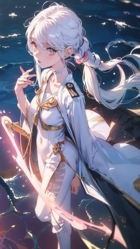 ((masterpiece, best quality)), ((anime girl in the sea, retro style)) (1girl, mature), (solo, half body), (female focus, mature girl), (white hair, twintail hair),pink eyes, detailed eye, ((admiral suit, navy costume)), portraits, dramatic lighting, retro color