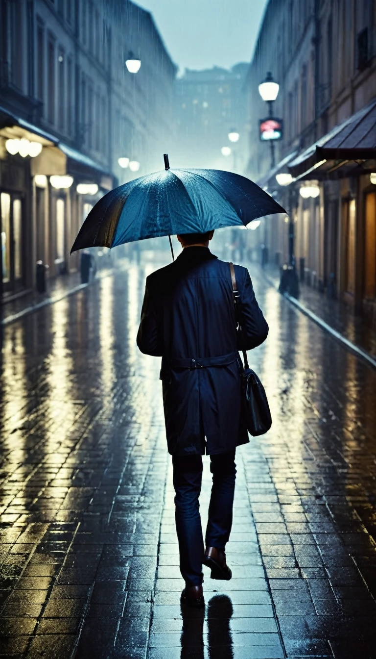 ((Top Quality)), ((Masterpiece)), (Details), a man walking with an umbrella, urban street, rainy night