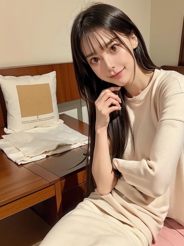rie,One Woman,(best quality), (ultra detailed), (absolutely resolution), (the body is moist:1.2),Face is front, 18-year-old, soft, (Completely naked:2.0), Black Hair, Bright Scandinavian style bedroom、Natural wooden furniture is comfortable