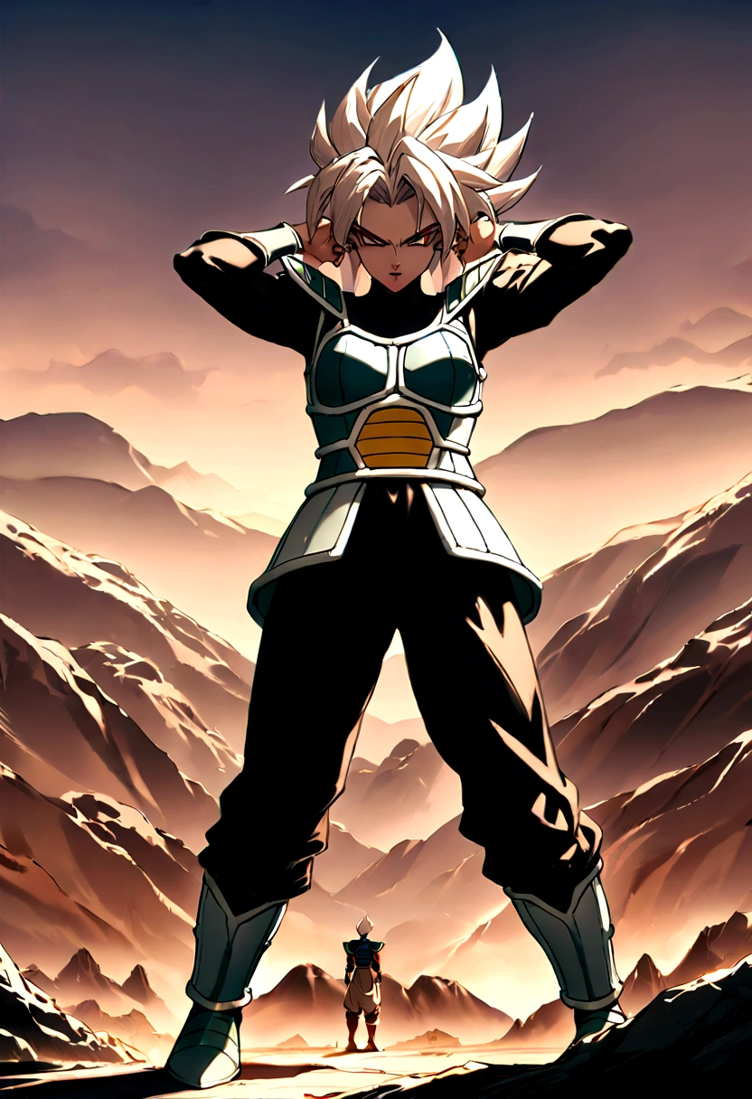 1girl, solo, perfect anatomy, CG:1.9, ultra detailed:1.9, ultra-detailed:1.9, high resolution:1.9, high res:1.9, absurdres:1.9, masterpiece:2, high quality:2, best quality:2, (Create an image of a character wearing Saiyan armor inspired by the Dragon Ball series. The armor should include a chest plate with shoulder guards, wrist guards, and boots, all with a sleek, futuristic design. The chest plate and shoulder guards should be primarily white with black and gold accents. The wrist guards and boots should match, featuring the same color scheme. The character should have a muscular build and a confident, battle-ready pose, set against a dramatic background with elements of an alien landscape or battlefield. The design should capture the iconic look of Saiyan armor while incorporating modern, detailed aesthetics)
